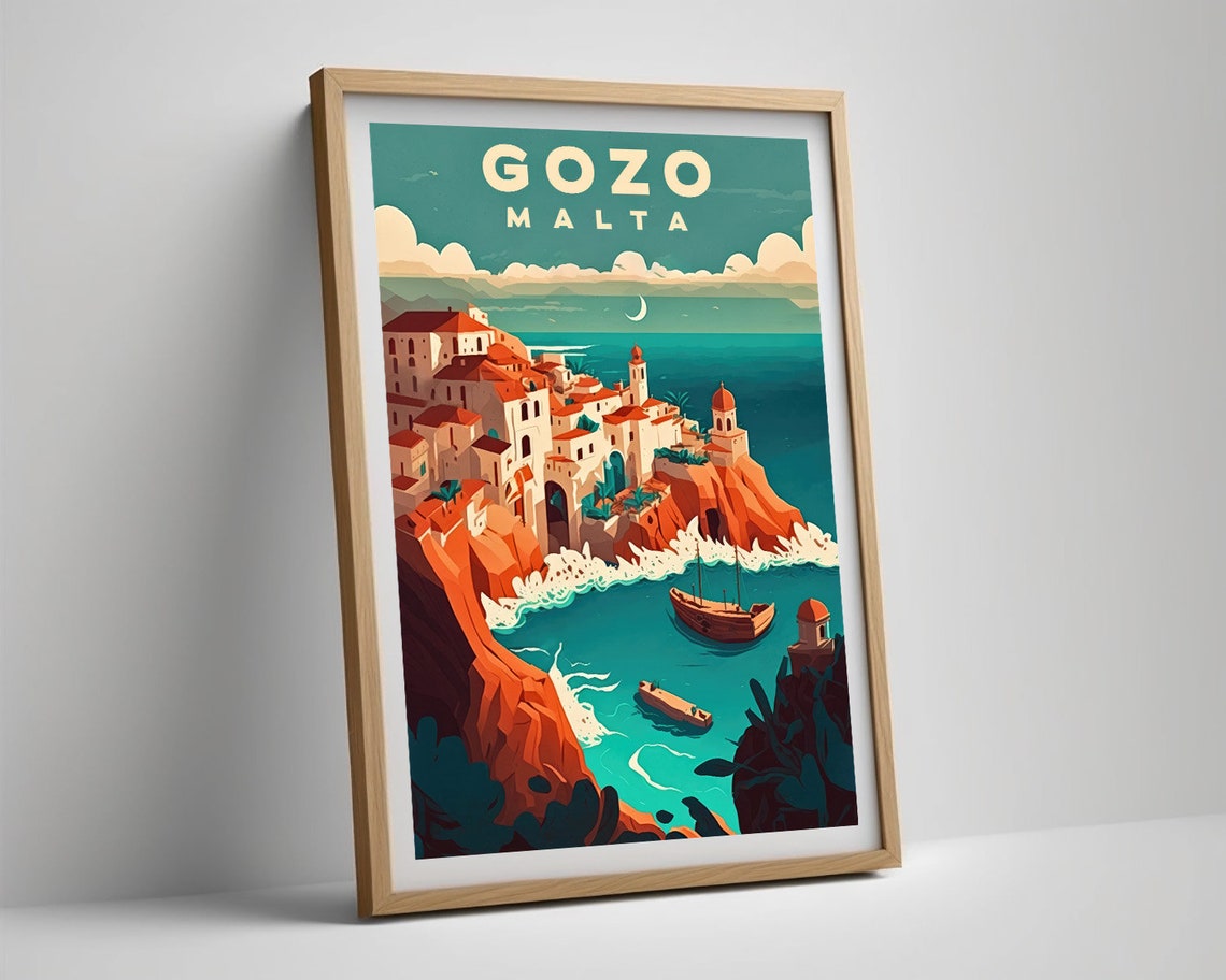 Gozo Malta Cliffside Old Town Turquoise Sea Vintage Travel Poster - Image 5