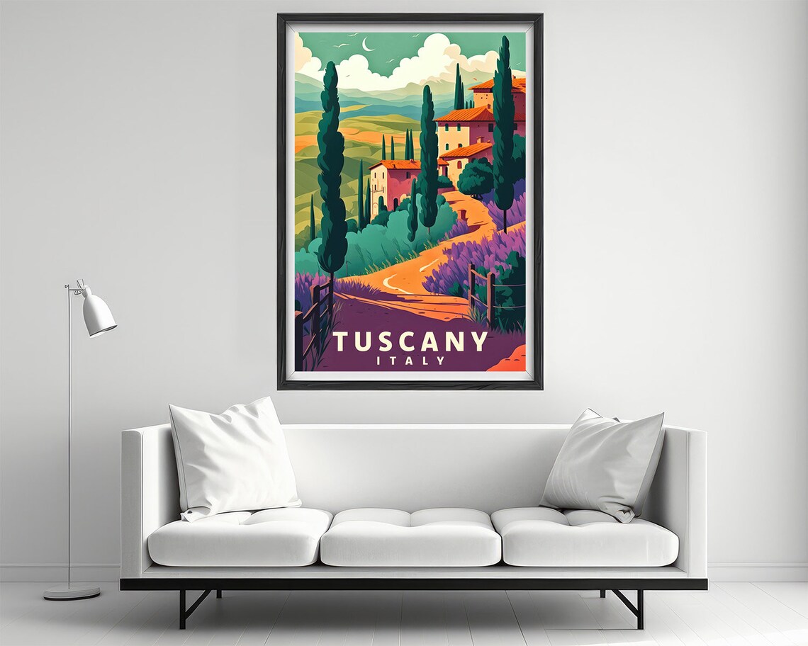 Tuscany Italy Hilltop Village Cypress Trees Vintage Travel Poster - Image 2