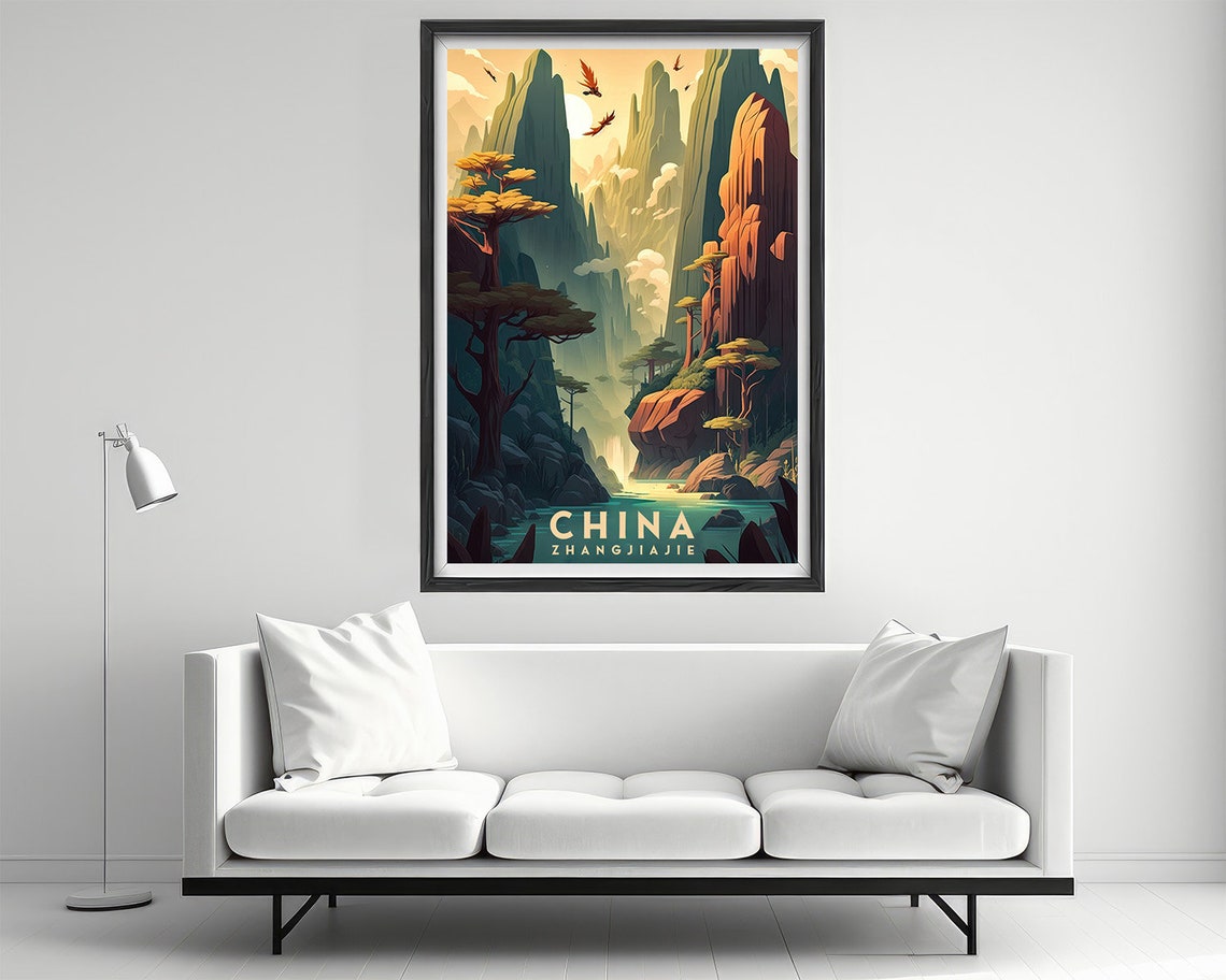 China Zhangjiajie Sandstone Pillars River Retro Travel Poster - Image 2