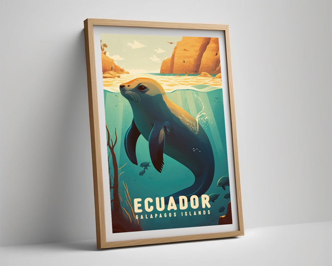 Ecuador Galapagos Sea Lion Underwater Scene Vintage Travel Poster - Image 5