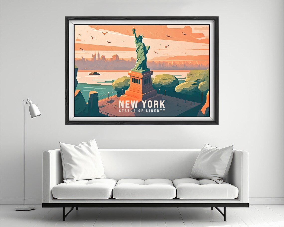 New York Statue Of Liberty Harbor Sunset Skyline Vintage Travel Poster - Image 4