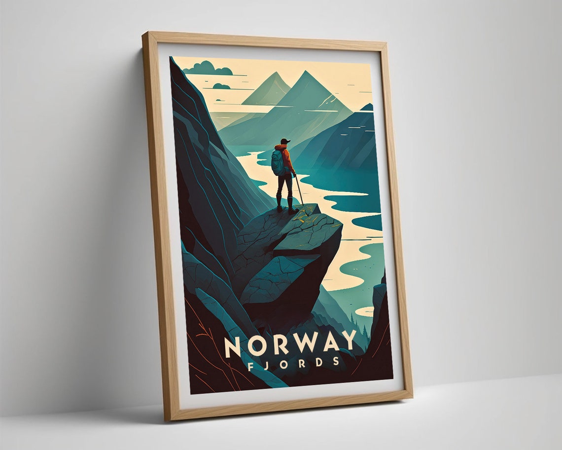 Norway Fjords Hiker Cliff Overlook Teal Retro Travel Art Poster - Image 5