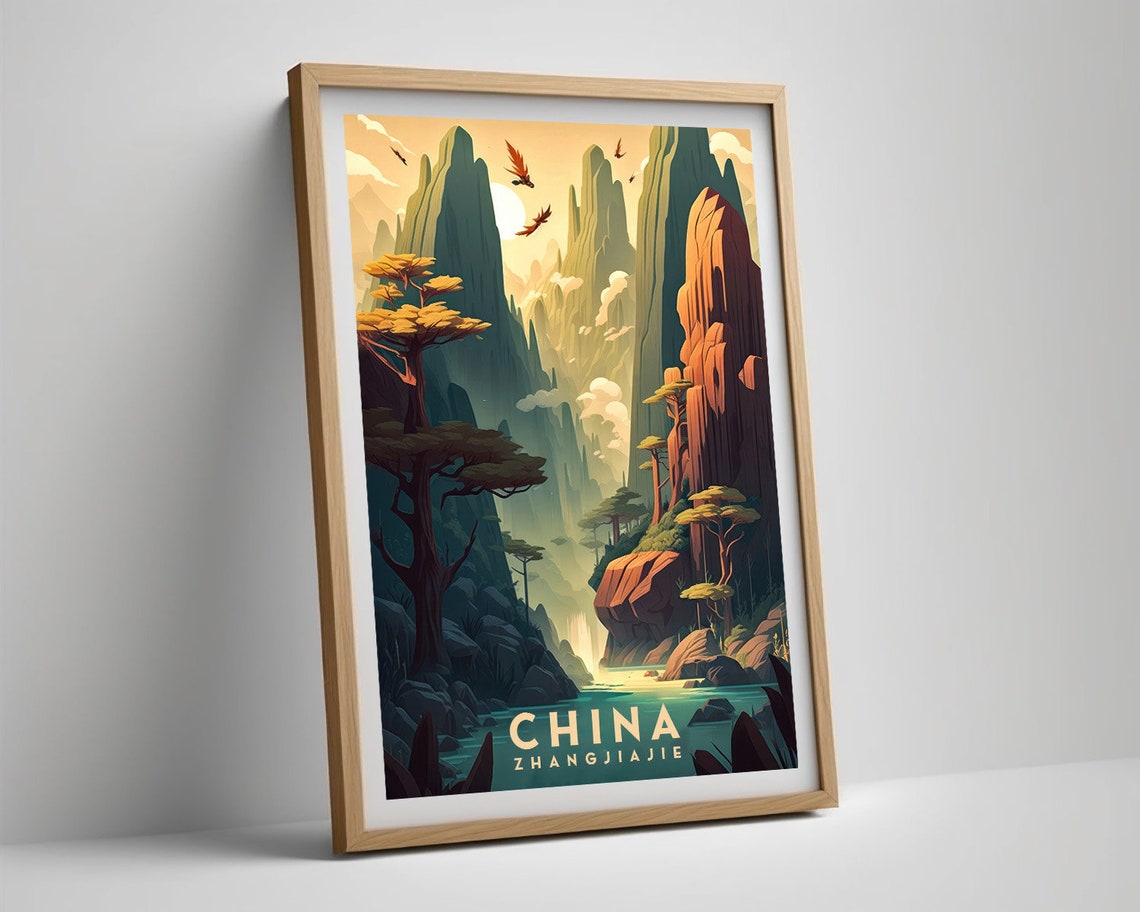 China Zhangjiajie Sandstone Pillars River Retro Travel Poster - Image 5