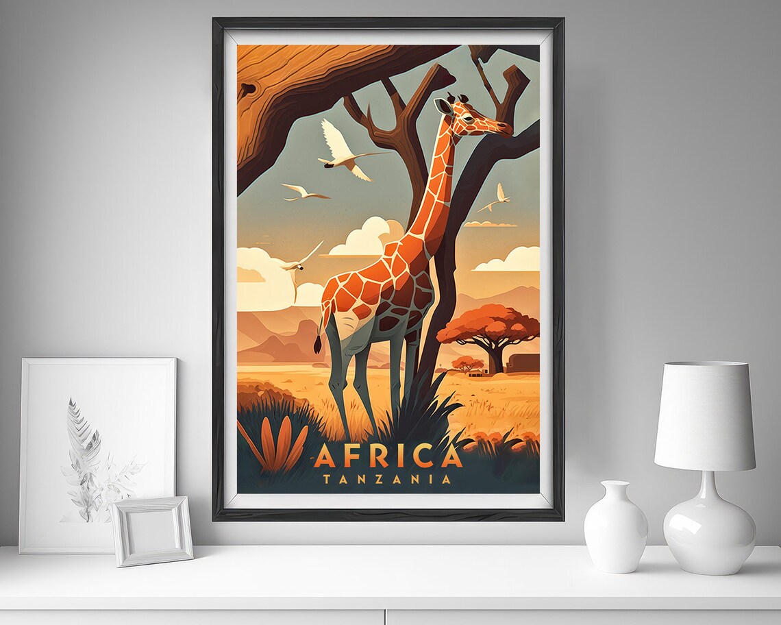 Tanzania Africa Safari Giraffe Acacia Savanna Vintage Travel Poster - Image 4