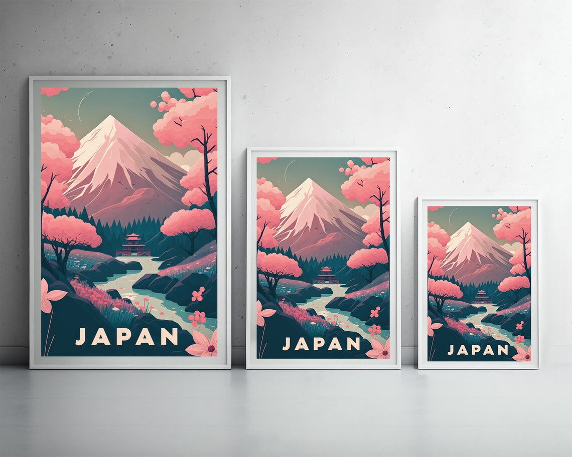 Japan Mount Fuji Cherry Blossom Temple Vintage Travel Poster - Image 4