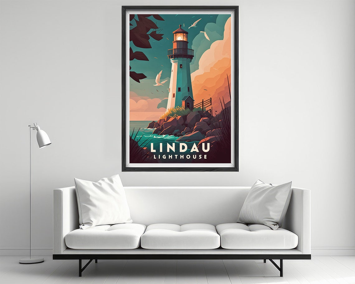 Lindau Lighthouse Sunset Coastal Rocks Vintage Travel Poster - Image 2