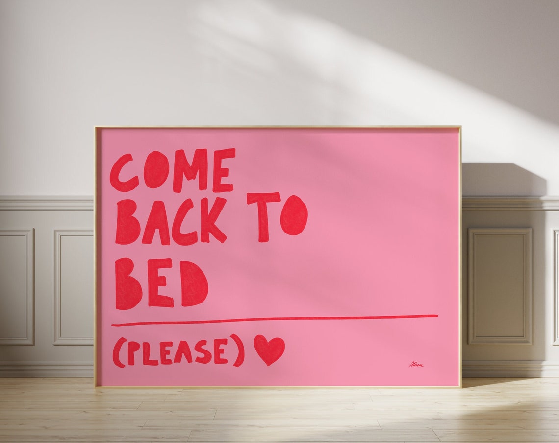 Come Back To Bed Please Red On Pink Playful Typography Bedroom Poster