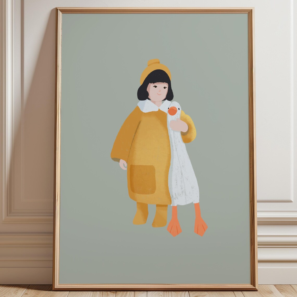 Little Girl Holding White Goose Yellow Raincoat Kids Art Poster