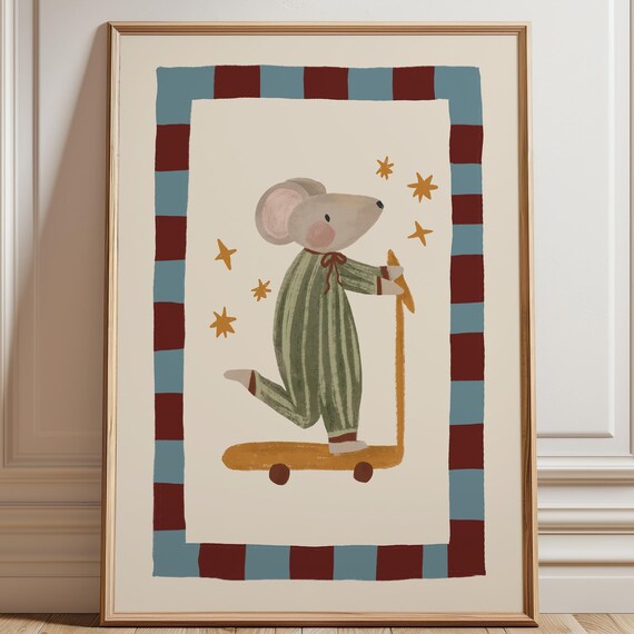Cute Mouse on Scooter with Stars Retro Nursery Room Decor Poster