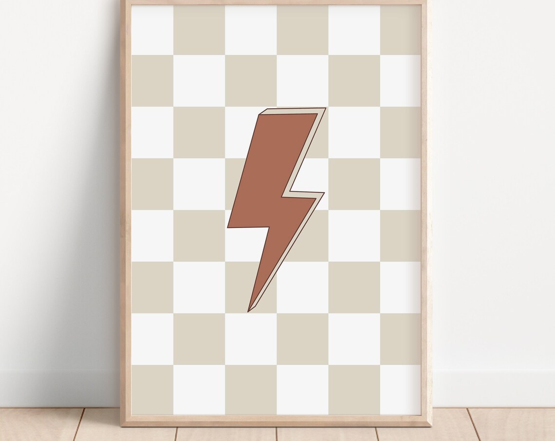 Lightning Bolt Art Print, Beige Checkered Boho Decor