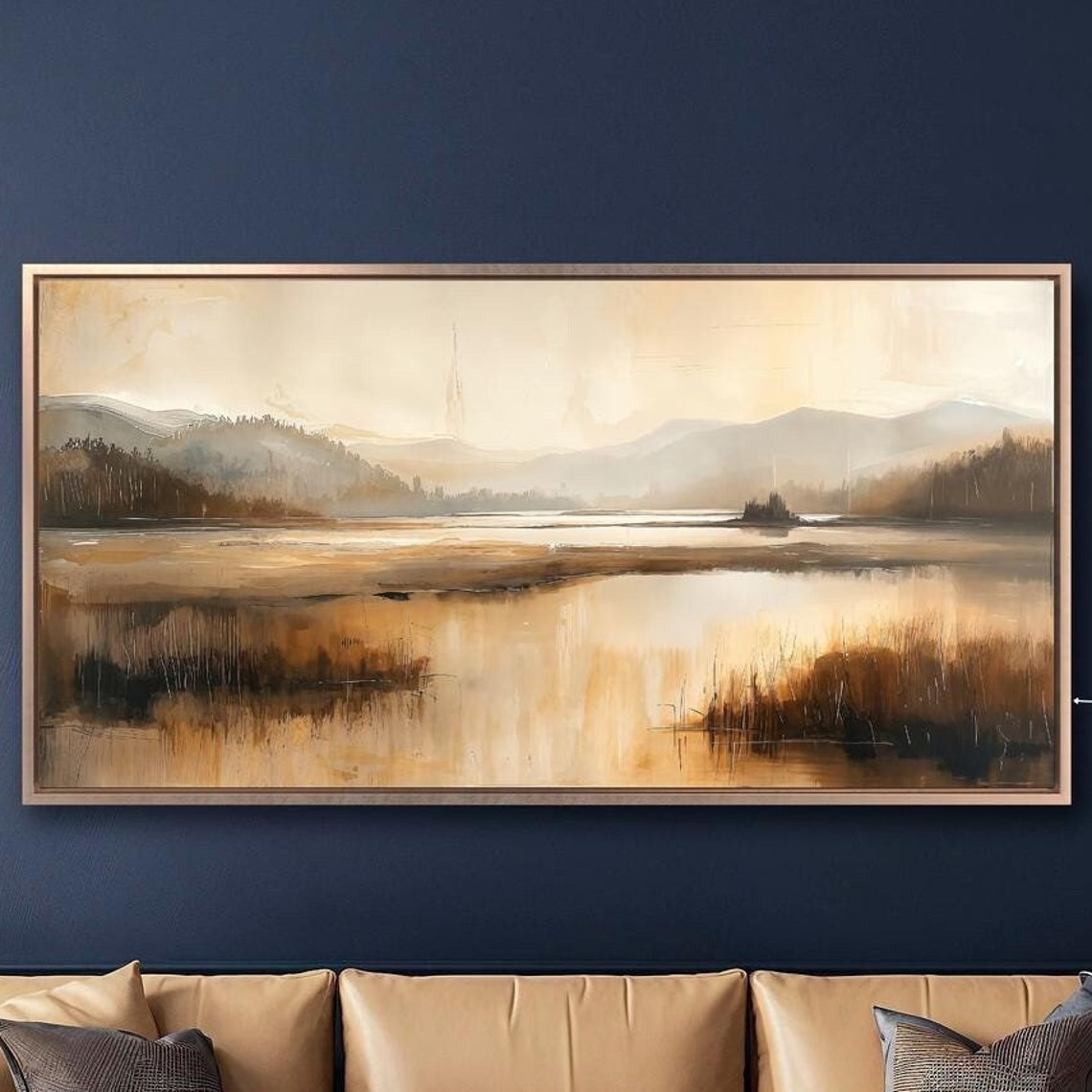 Rustic Country Lake Hazy Mountains Wilderness Panoramic Nature Print