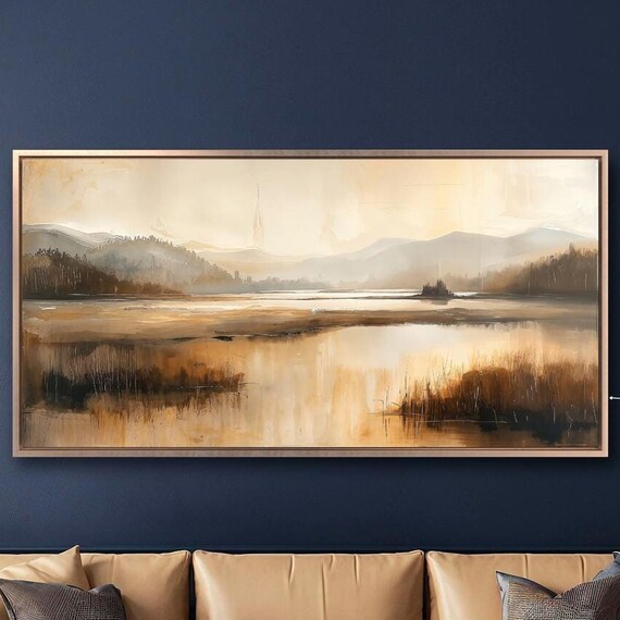 Rustic Country Lake Scenery Framed Print Hazy Mountains Wall Art Wilderness Painting Print Nature Decor Gift Ready To Hang