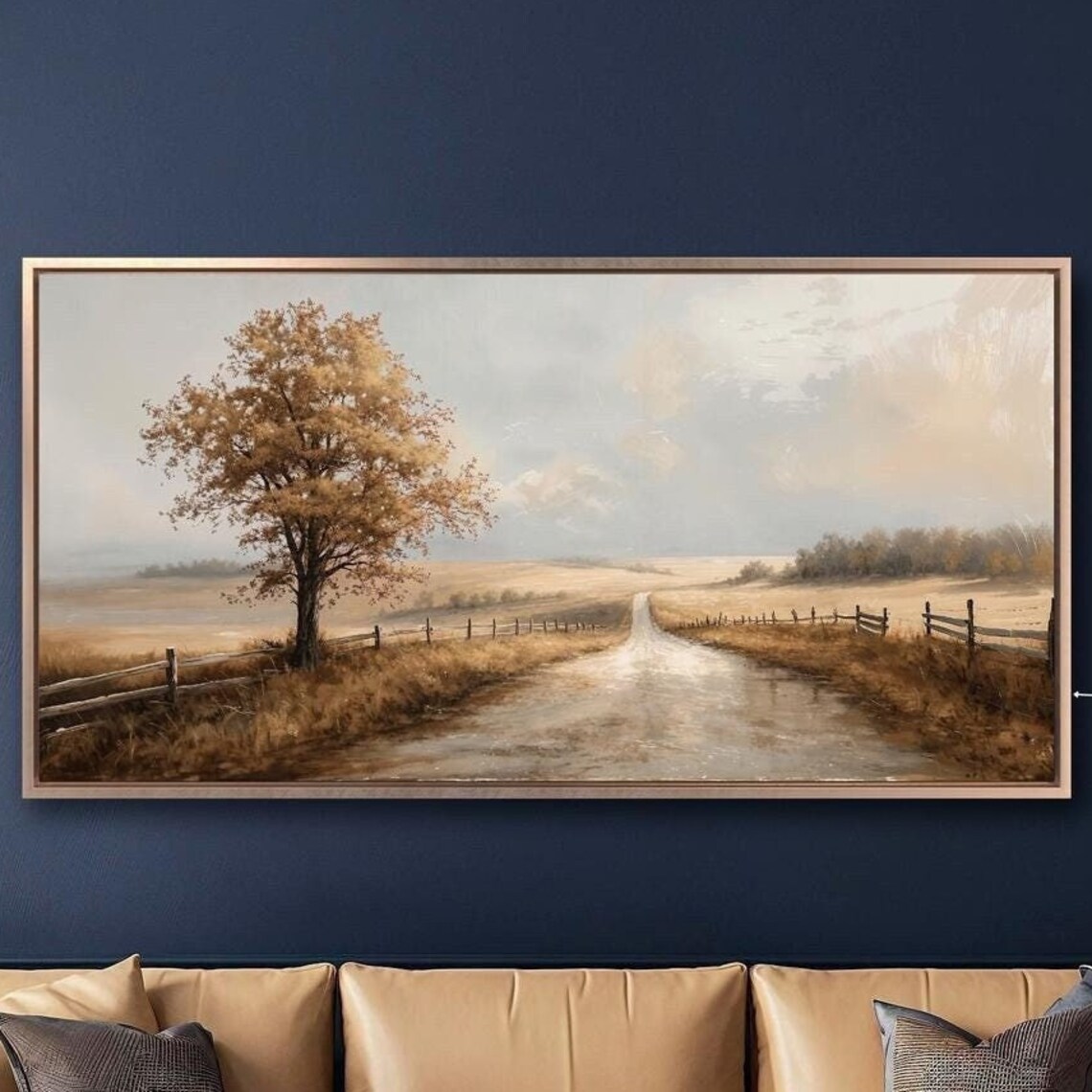 Autumn Country Road Golden Fields Fence Tree Farmhouse Poster