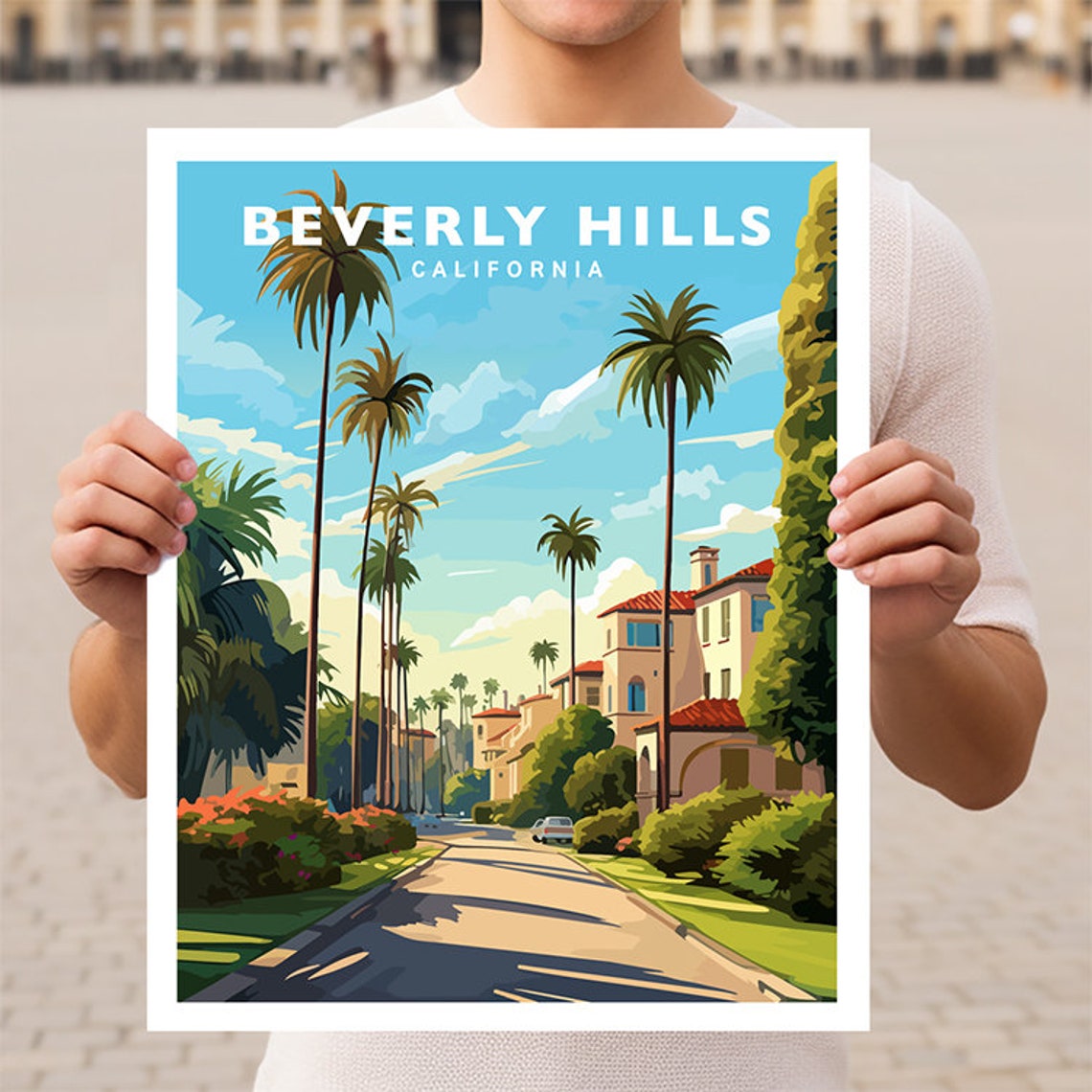 Beverly Hills California Palm Lined Street Mansion View Travel Poster