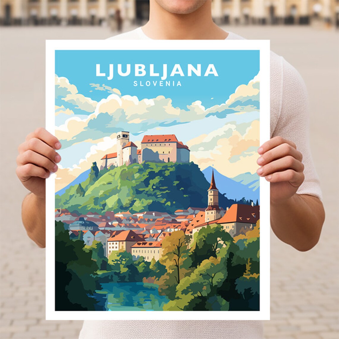 Ljubljana Slovenia Castle on the Hill Old Town Travel Poster