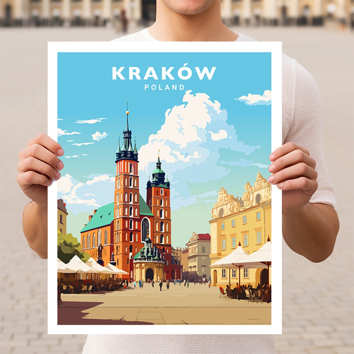 Krakow St Mary Basilica Main Square Poland Vintage Travel Poster