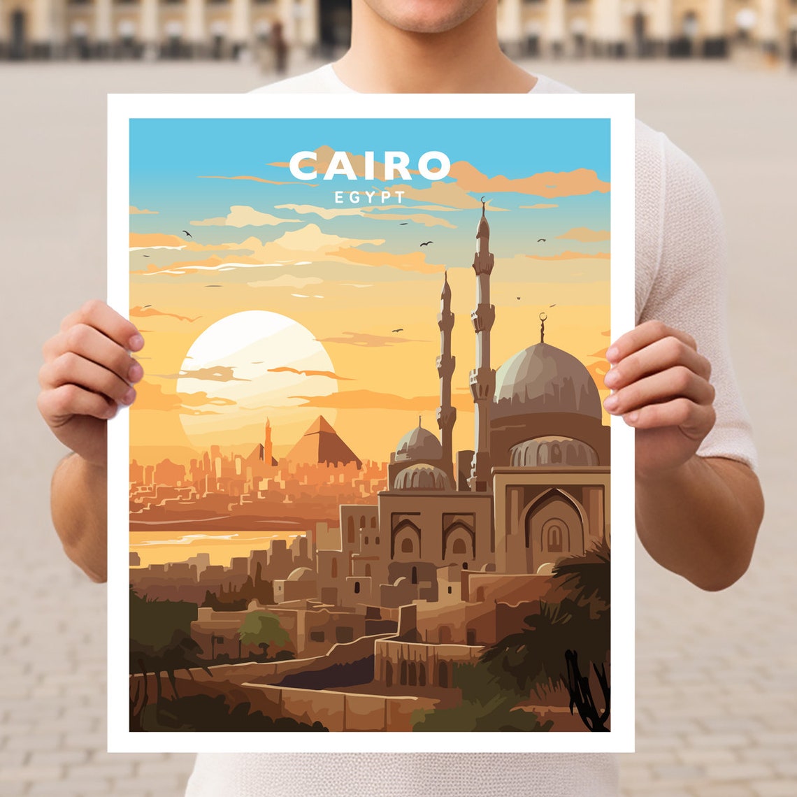 Cairo Egypt Mosque Minarets Sunset Skyline Travel Art Poster