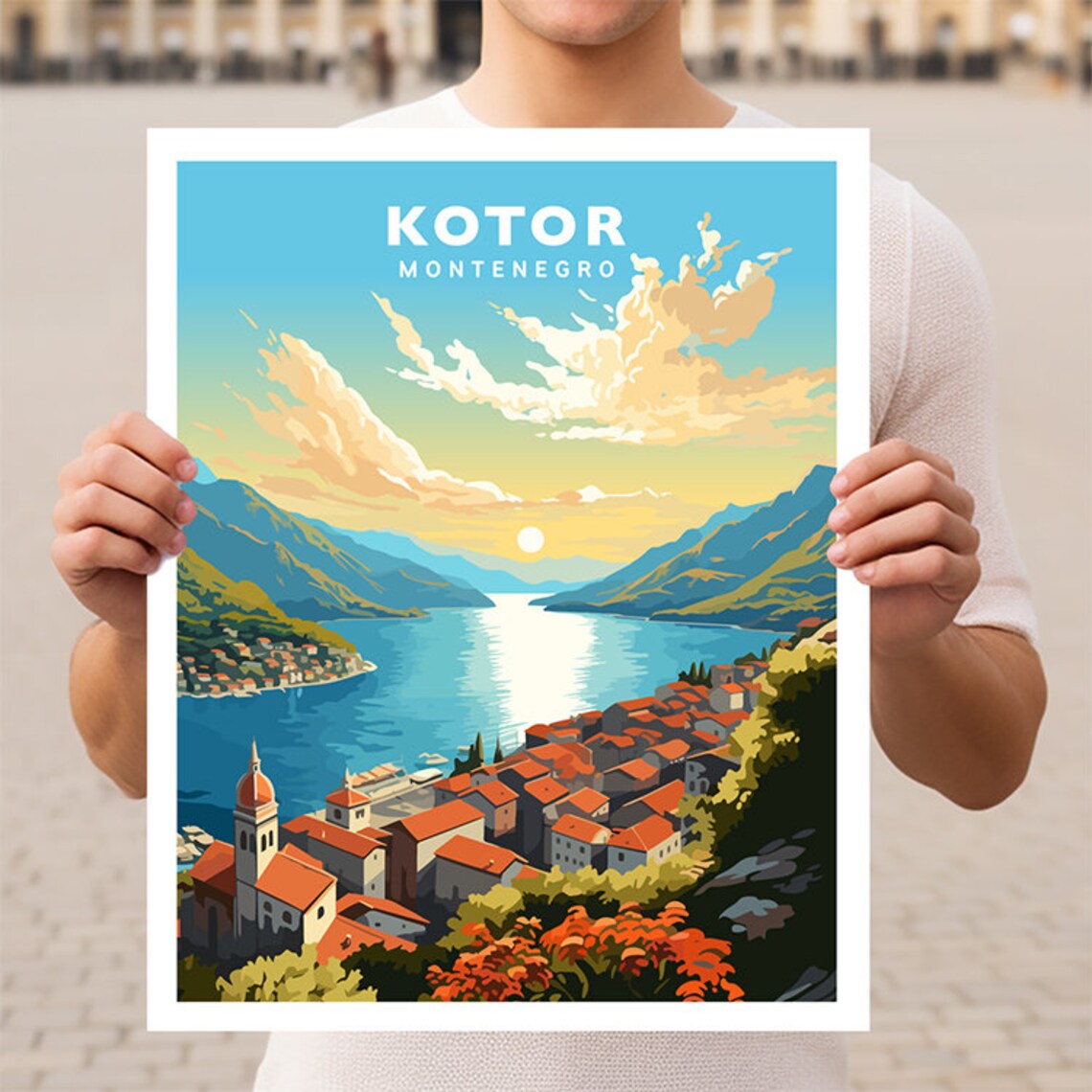 Kotor Montenegro Bay Fjord Sunset Old Town Harbor Travel Poster