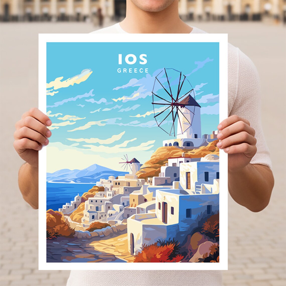 Ios Greek Island Windmills White Village Greece Travel Poster