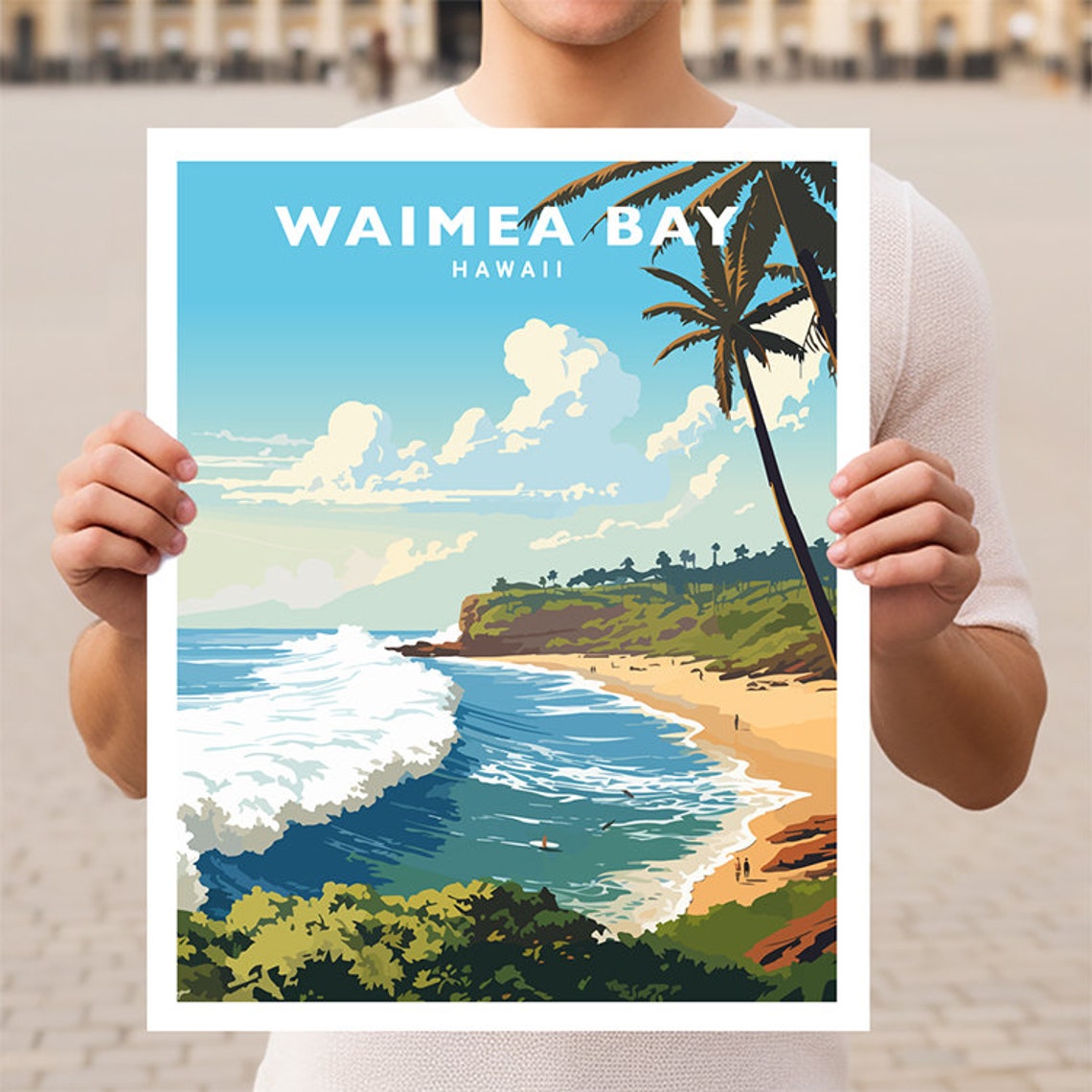 Waimea Bay Hawaii Surf Waves Palm Tree North Shore Beach Travel Poster
