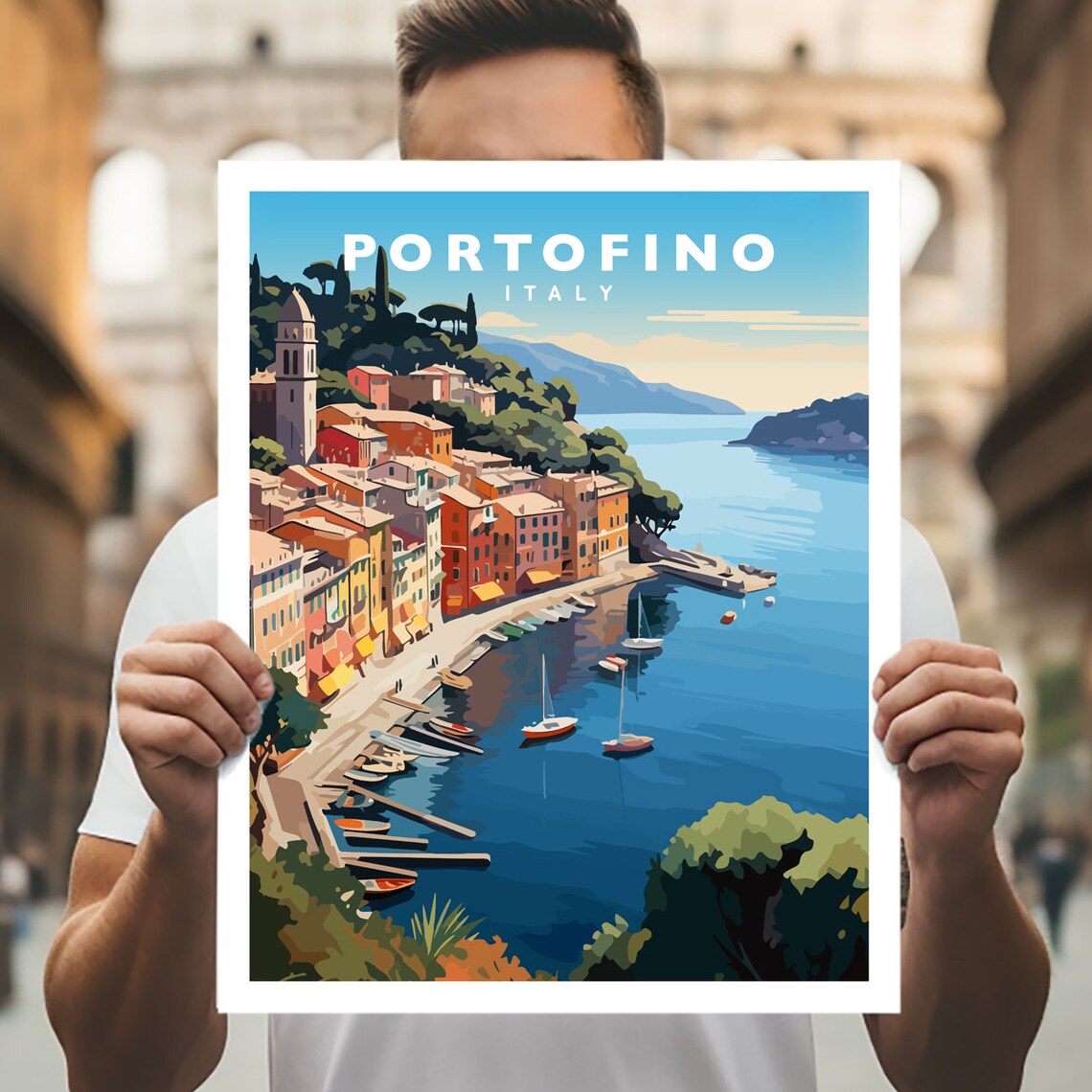 Portofino Italy Colorful Harbor Boats Italian Riviera Travel Poster