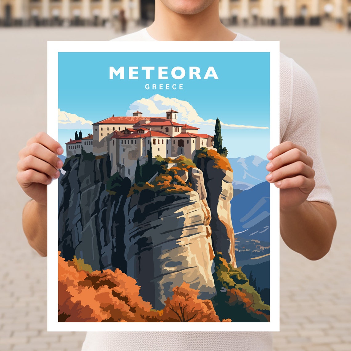 Meteora Greece Ancient Monastery Rock Pillars Cliff Top View Poster