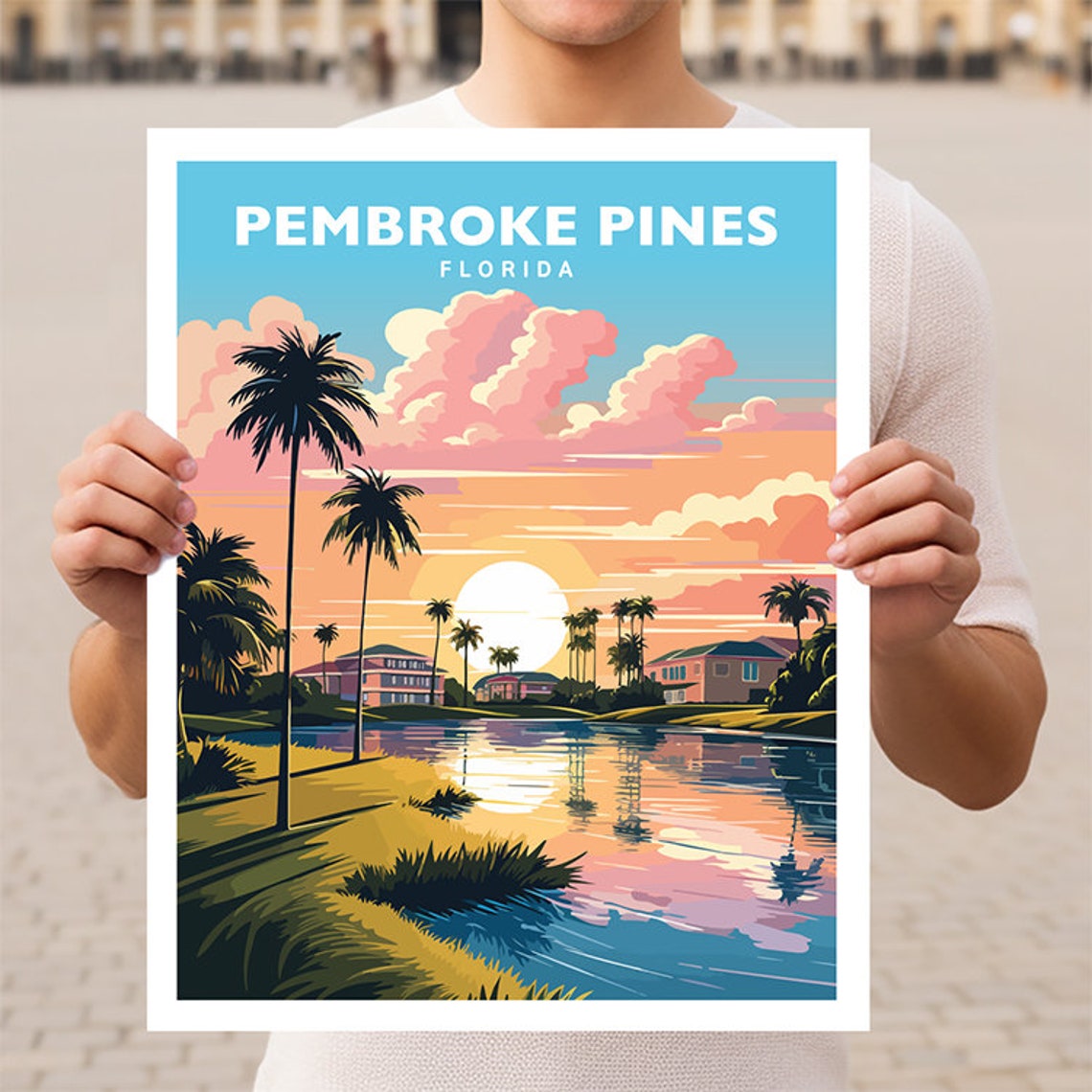 Pembroke Pines Florida Sunset Lake Palm Trees Scene Travel Poster