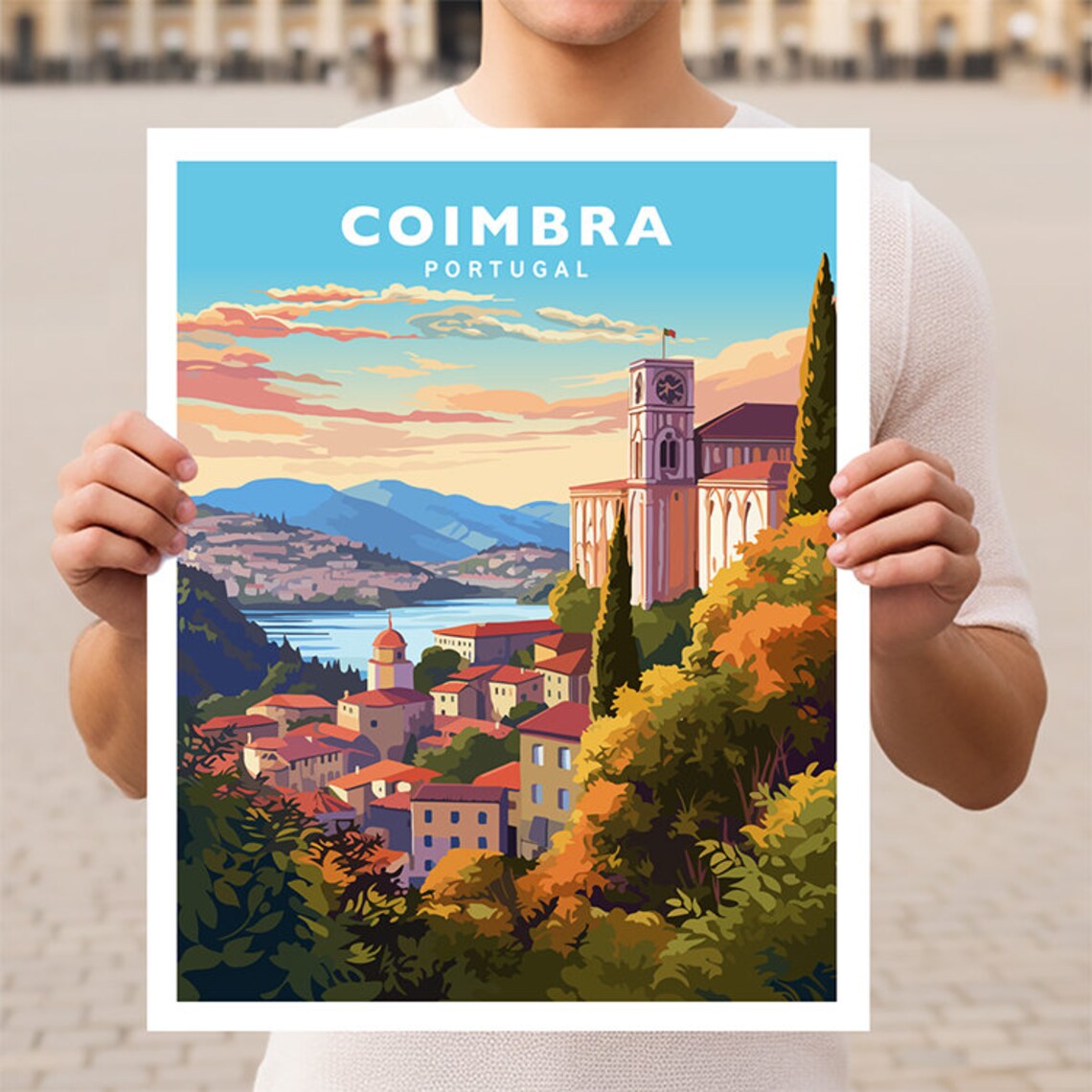 Coimbra Portugal University City River Hillside Travel Poster