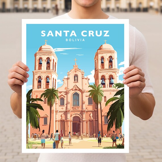 Santa Cruz Bolivia Pink Cathedral Palm Plaza Retro Vintage Travel Poster