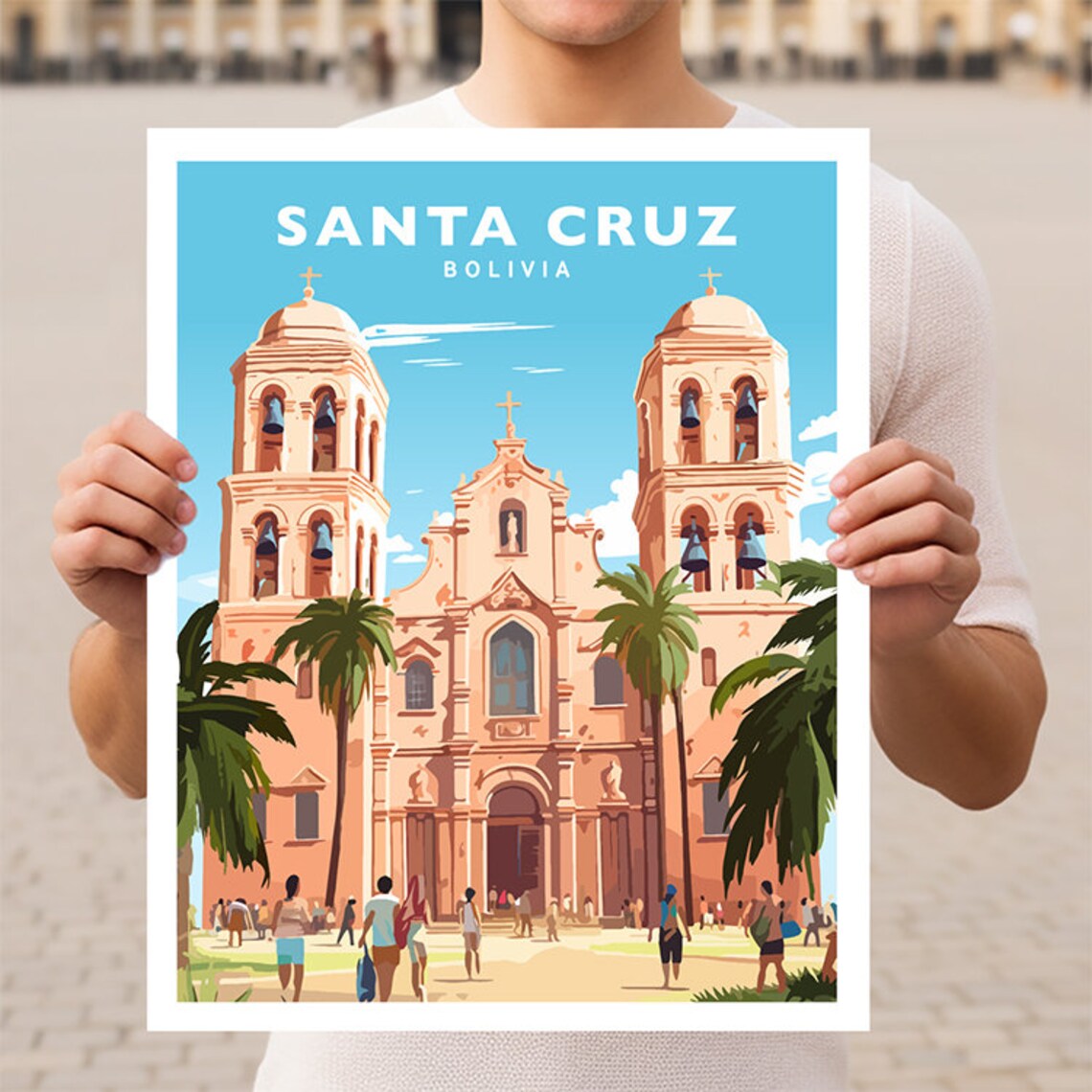 Santa Cruz Bolivia Pink Cathedral Palm Plaza Retro Vintage Travel Poster