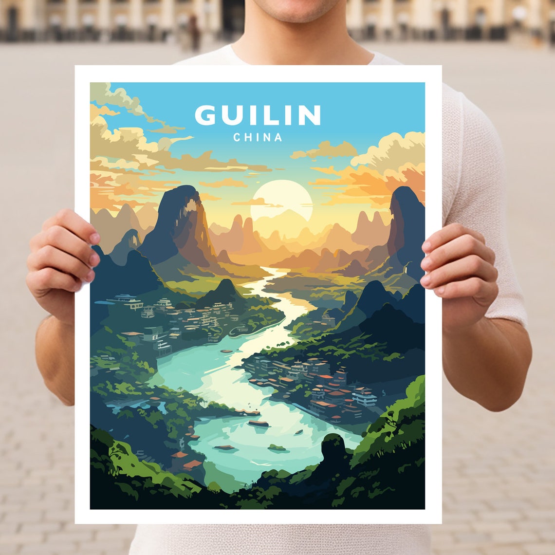 Guilin China Li River Karst Peaks Sunset Golden Landscape Poster