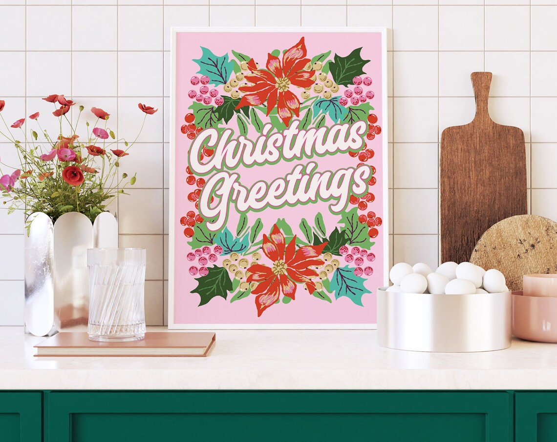 Christmas Greetings Pink Poinsettia Holly Floral Holiday Poster - Image 2