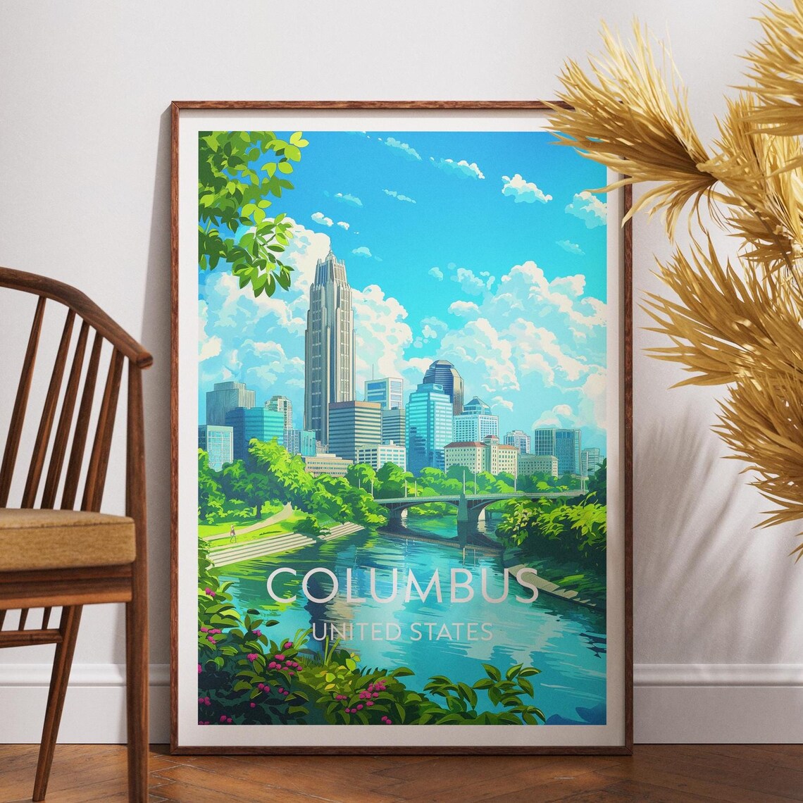Columbus Ohio Downtown Skyline River Bridge Vintage Travel Poster