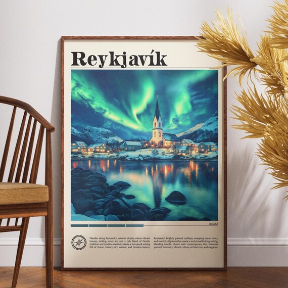 Reykjavik Northern Lights Village Church Winter Iceland Travel Poster