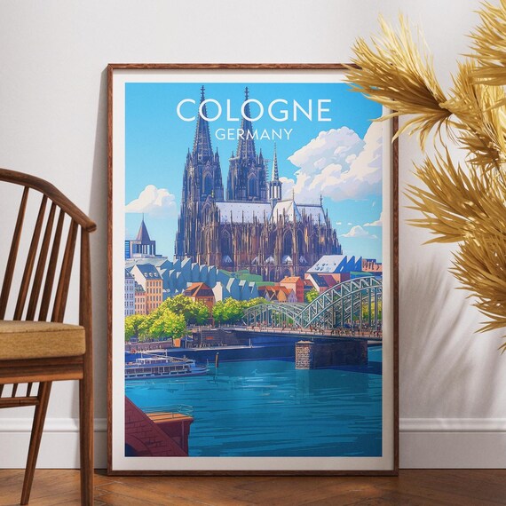 Cologne Germany Gothic Cathedral and Rhine Bridge Travel Poster