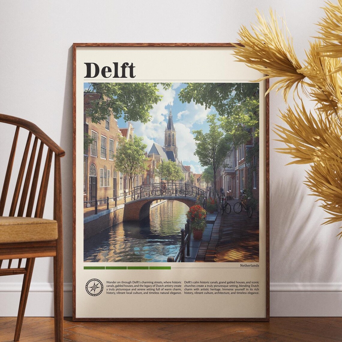 Delft Canal Bridge And Old Church Dutch Travel Poster Netherlands Art