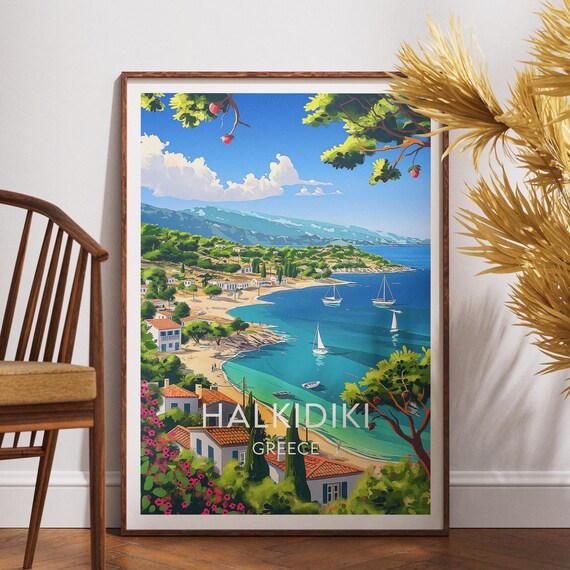 Halkidiki Greece Sandy Beach Sailboats Vintage Travel Poster