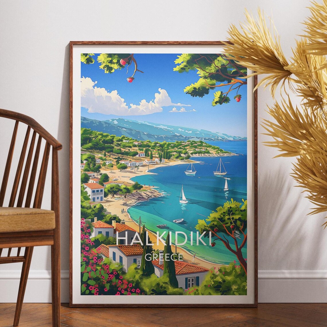 Halkidiki Greece Sandy Beach Sailboats Vintage Travel Poster