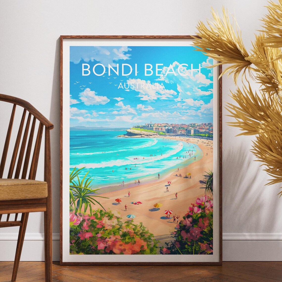 Bondi Beach Australia Surf Poster with Beachgoers and Umbrellas Art