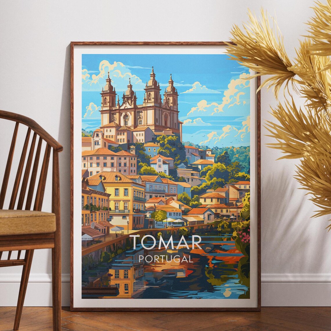 Tomar Portugal Cityscape Reflection Retro Travel Poster Artwork