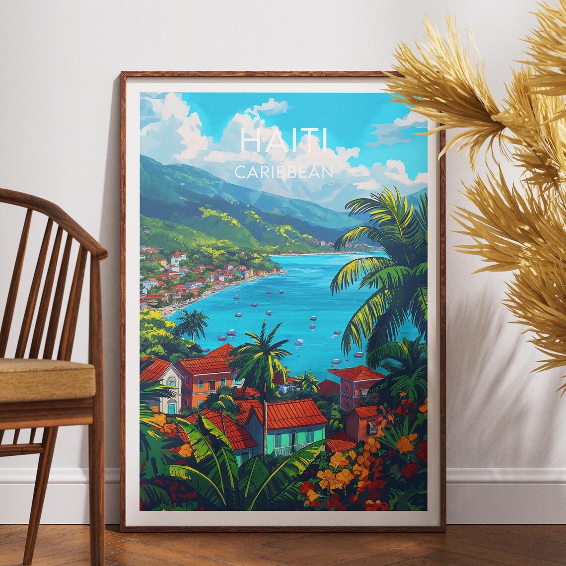 Haiti Caribbean Palm Beach Bay Panoramic Ocean View Travel Poster