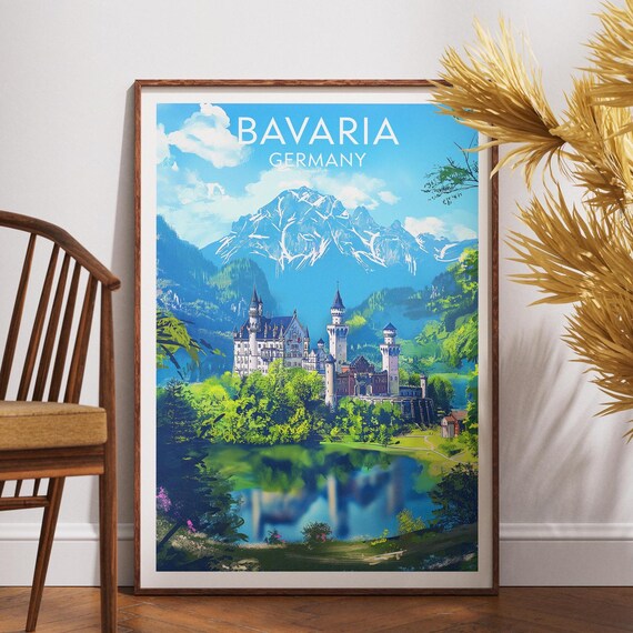 Bavaria Germany Castle Lake Mountains Colorful Travel Poster