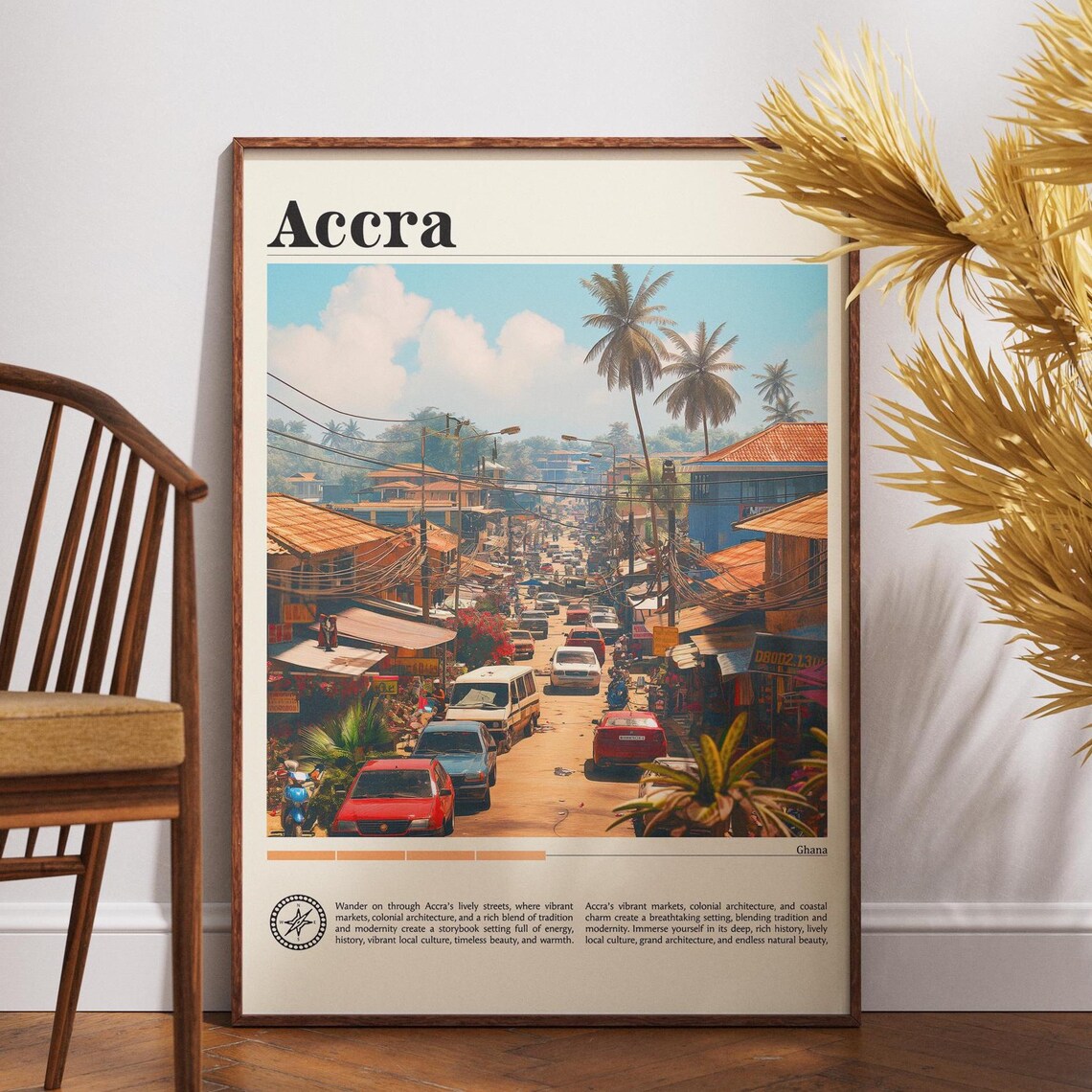 Accra Ghana Vibrant Street Market Palm Trees Vintage Travel Poster