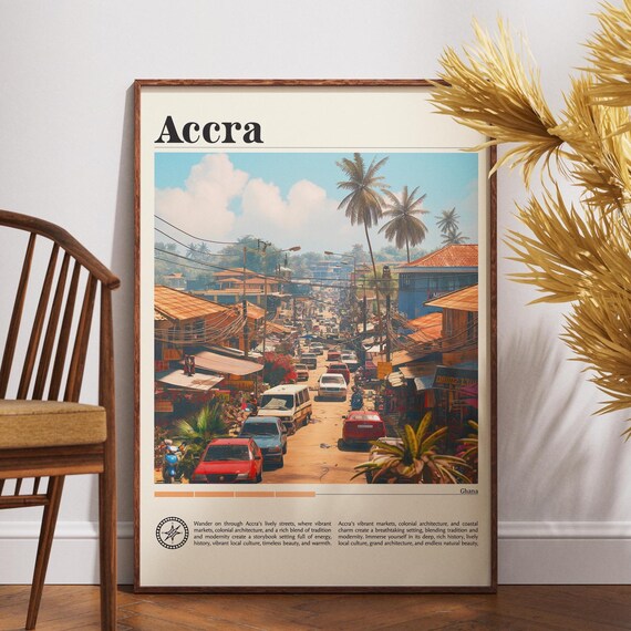 Accra Ghana Vibrant Street Market Palm Trees Vintage Travel Poster