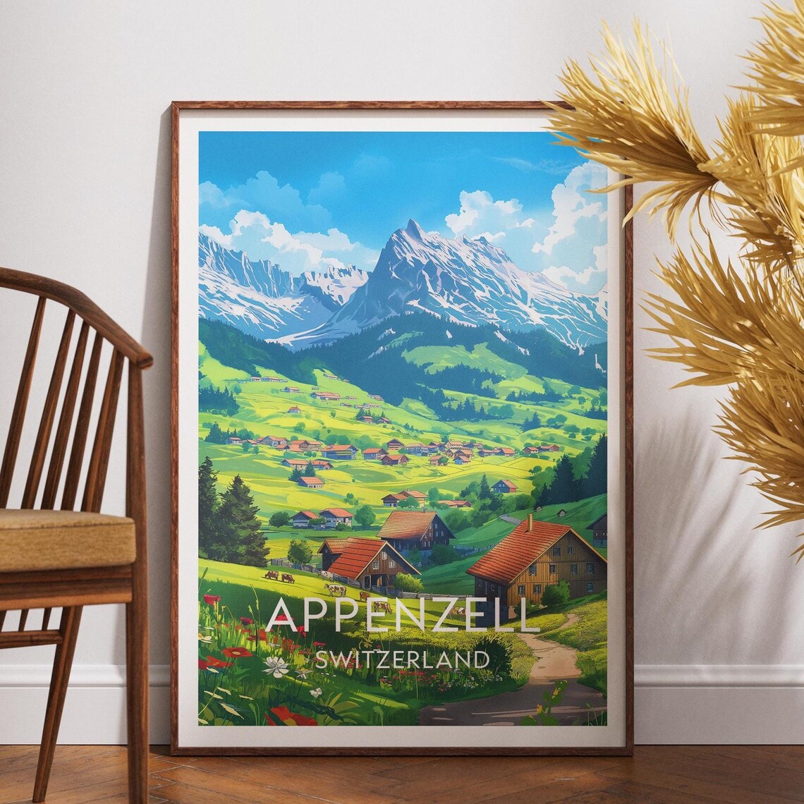 Appenzell Switzerland Alpine Chalets Wildflower Meadow Travel Poster