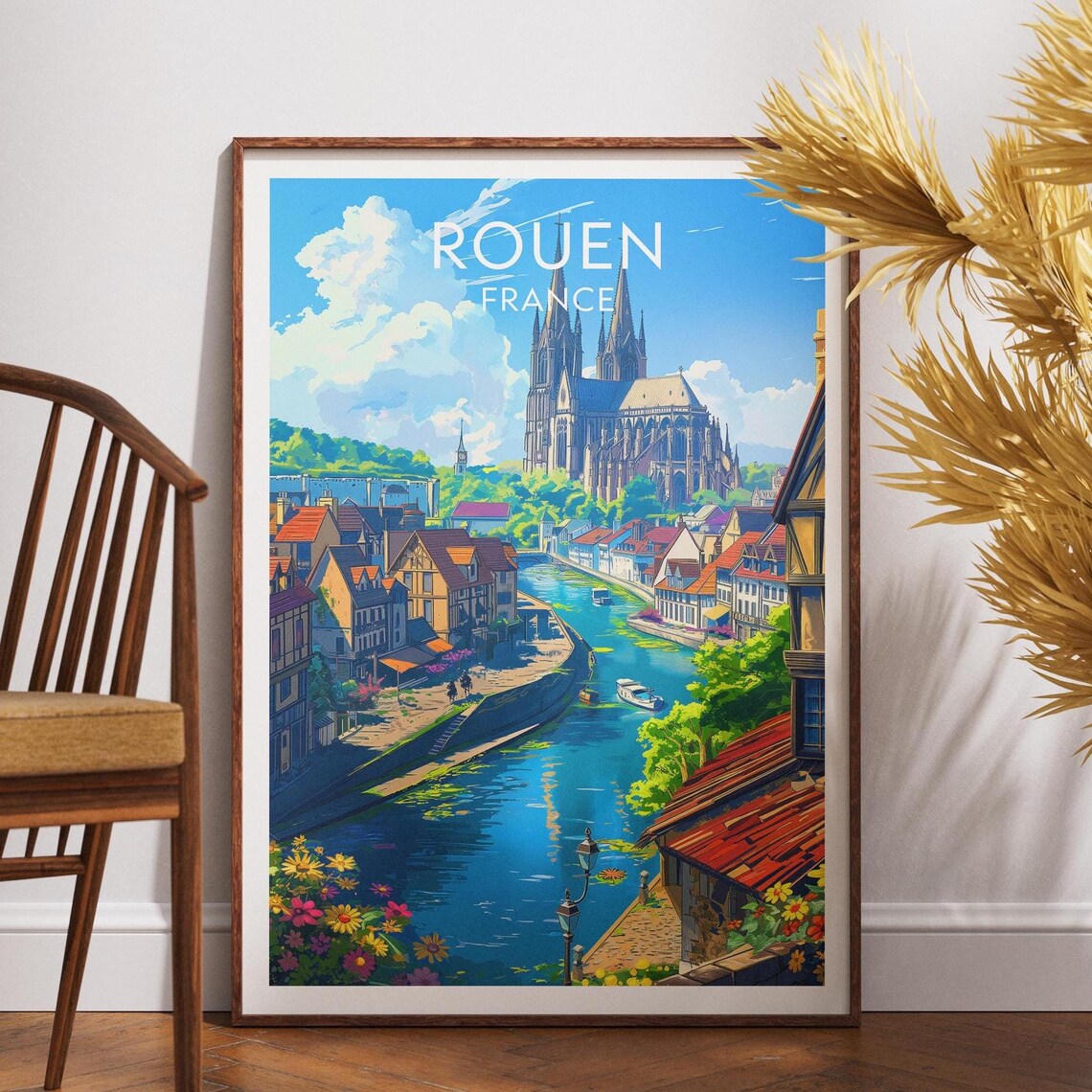 Vintage Rouen France Cathedral Old Town River Travel Wall Art