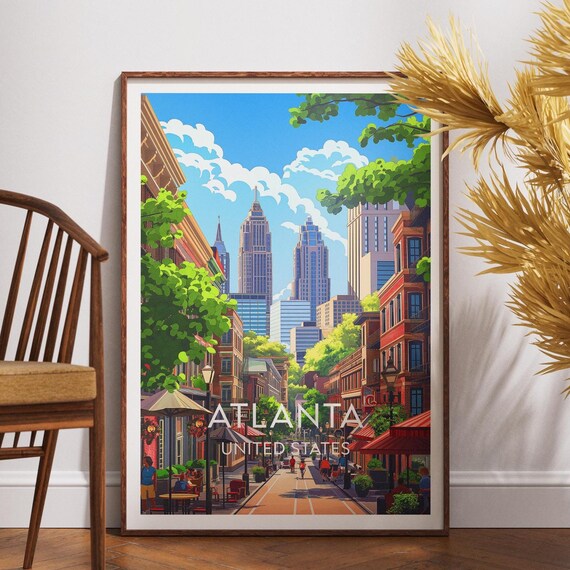 Atlanta City Street Skyscrapers Bright Sunny Vintage Travel Poster