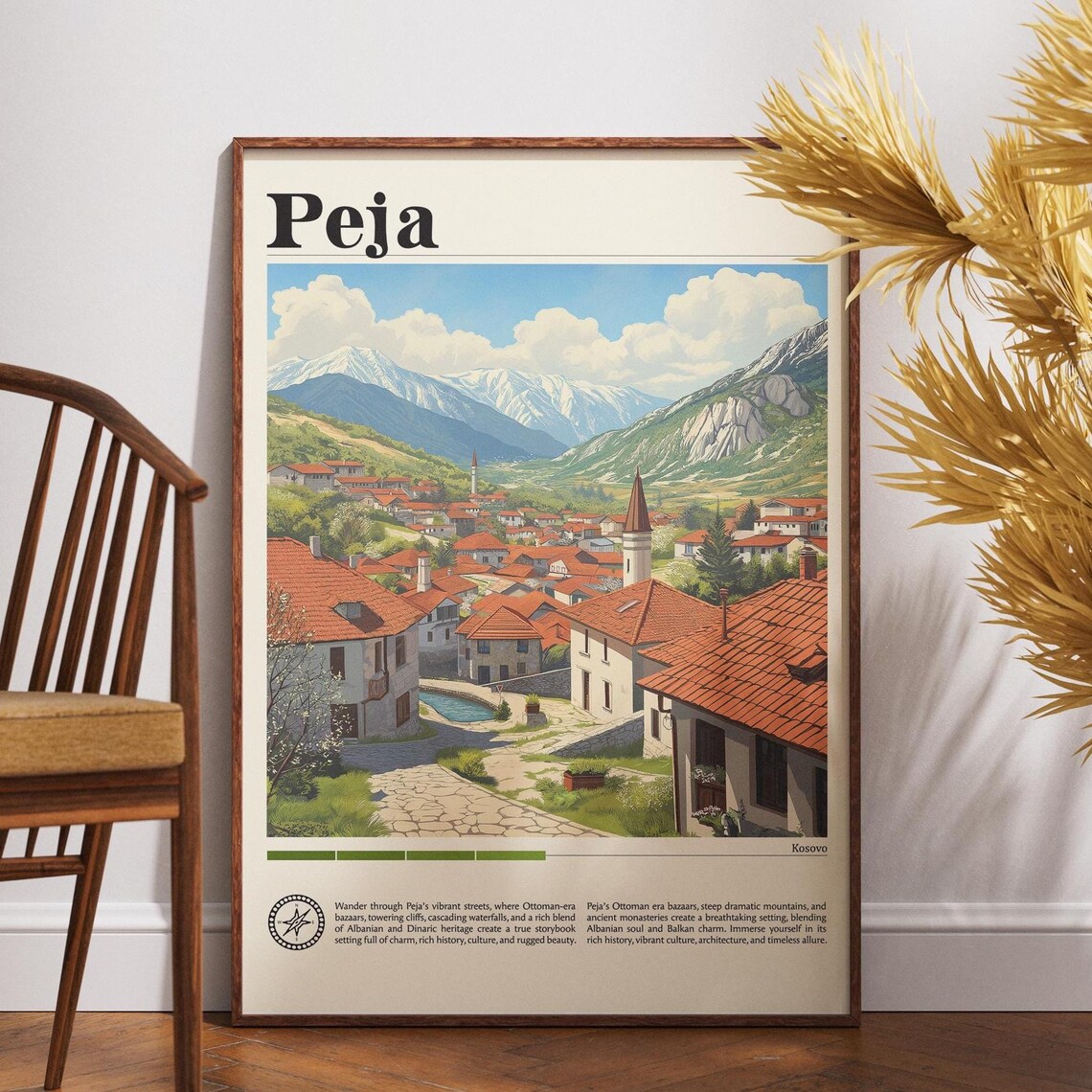 Peja Kosovo Mountain Village Red Rooftops Valley Travel Poster