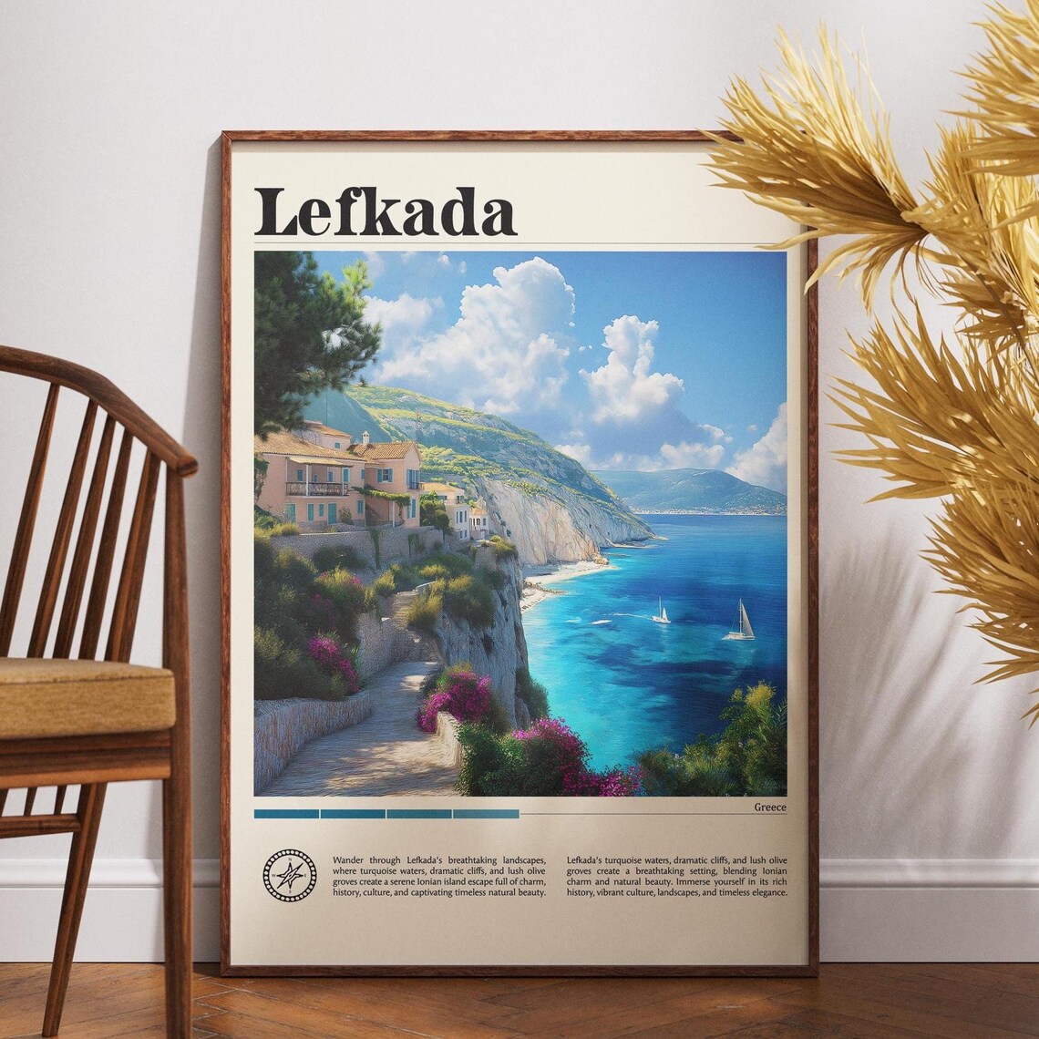 Lefkada Greece Turquoise Cliff Beach Sailboats Coastal Poster