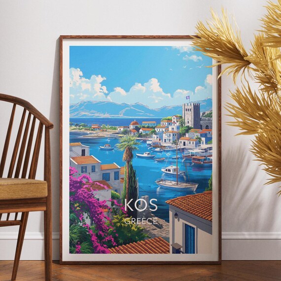 Kos Greece Island Harbor Boats Stone Tower Vintage Travel Poster